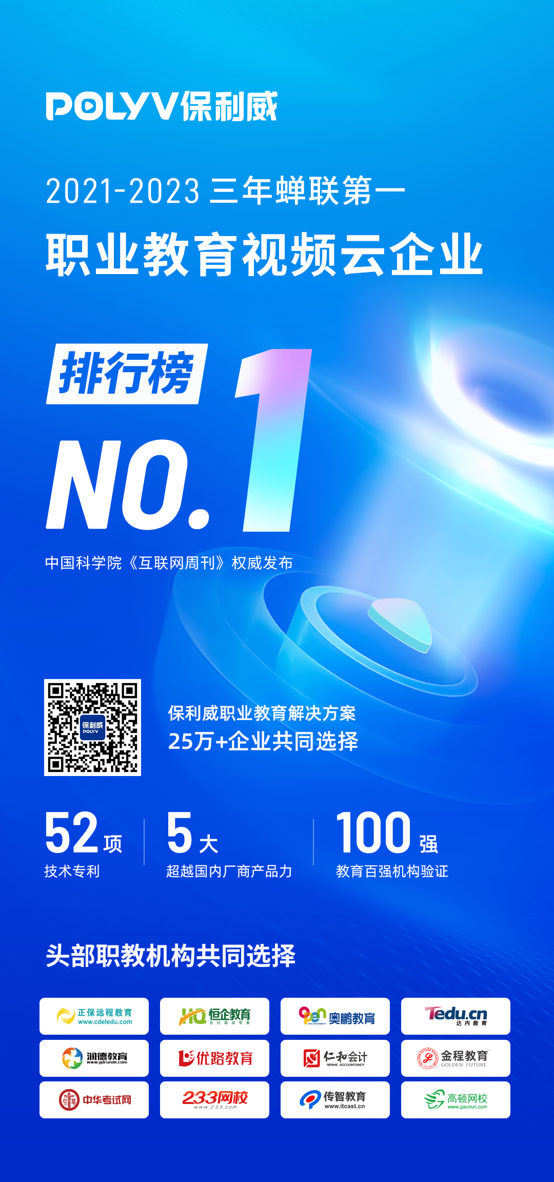 3年蟬聯!保利威獲2021~2023「職業教育視頻云排行榜」第一 3年蟬聯!保利威獲2021~2023「職業教育視頻云排行榜」第一